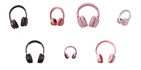 Collection of Headphones in Various Colors on transparent Background Featuring Different Styles and Sizes Including transparent and Pink Variants