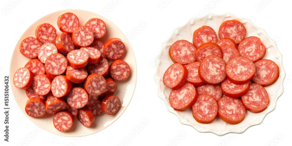 Aufkleber two plates of sliced sausage pieces, one with a light background showcasing a mix of round slices wi