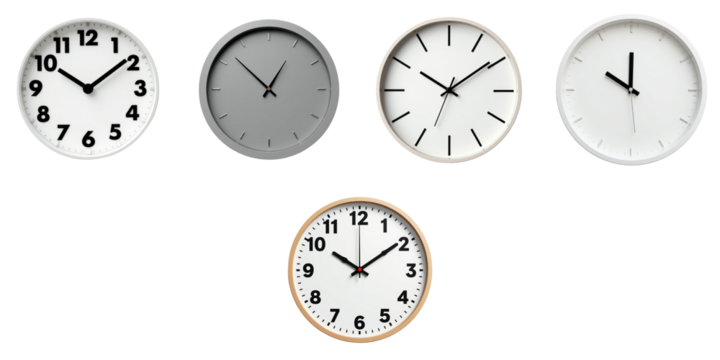 Collection of five distinct wall clocks featuring various designs including numbers, minimalist markers, and different colors, all set against a transparent background.