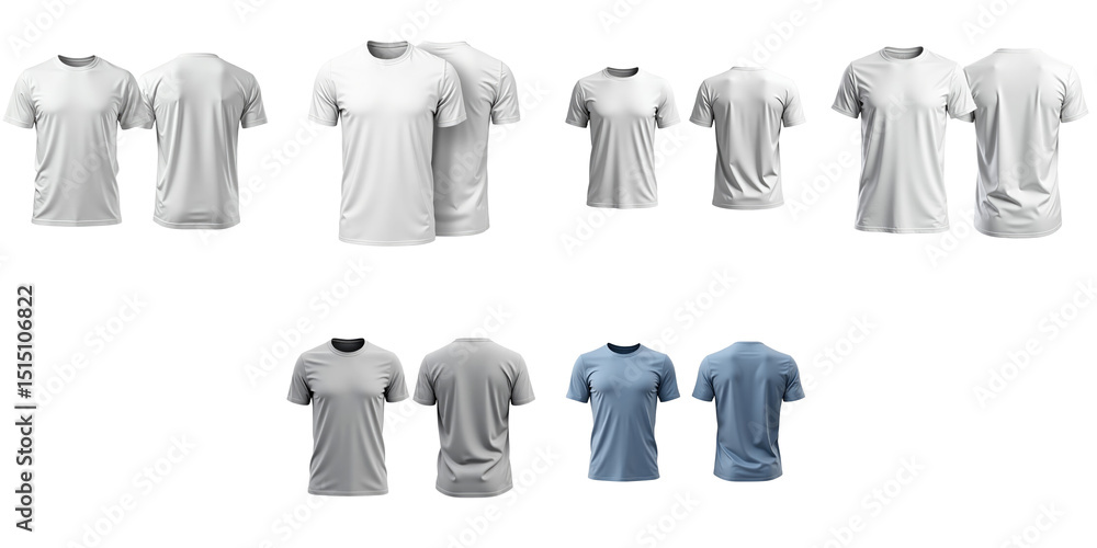 Poster Collection of Realistic White and Blue T-Shirts Displayed from Multiple Angles on a transparent Background Featuring Front and Back Views with Detailed 3D Effects