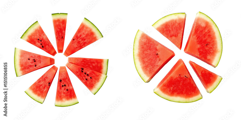 Poster sliced watermelon segments arranged in two patterns on a transparent background with bright red fles