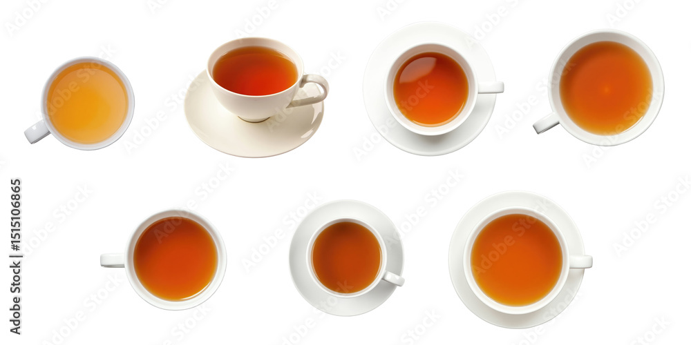 Poster assorted teacups with various tea levels displayed on a transparent background featuring eight white