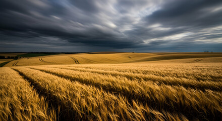 Obraz premium Golden Wheat Field Under Dramatic Sky Before the Storm on a Summer Day