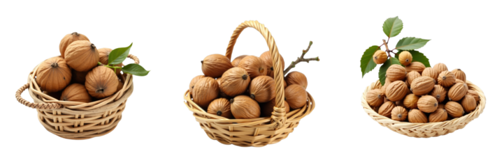 Collection of three woven baskets filled with assorted walnuts, featuring wooden textures and green leaves, set against a transparent background for a striking contrast.