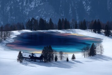 Snowy lake nestled in mountains
