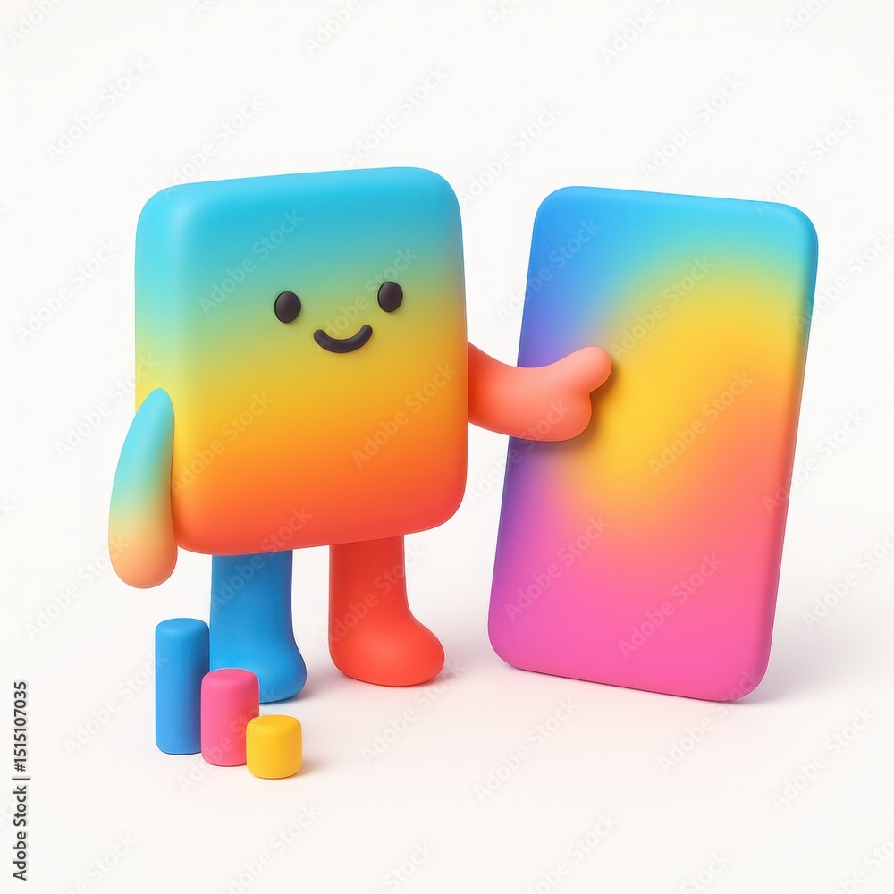 Poster smiling rainbow gradient character presenting colorful design