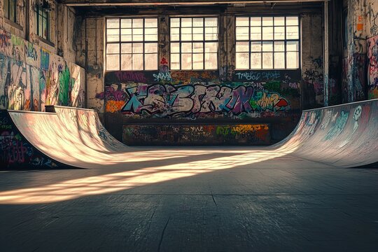 Indoor Skatepark with Graffiti Walls, Concrete Floor, and Half-Pipes Under Soft Light Through Back Windows