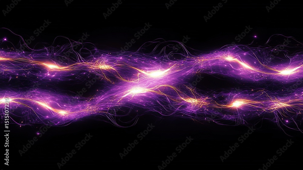 Poster a luminescent circuit pattern glowing dark violet and pearly gold with energy vibrations sparking al