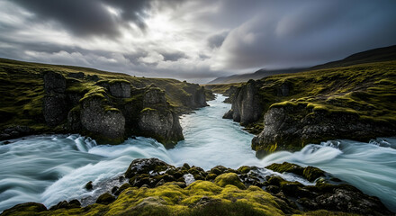 Obraz premium Picturesque Landscape of Iceland with Majestic Waterfall and Rugged Terrain
