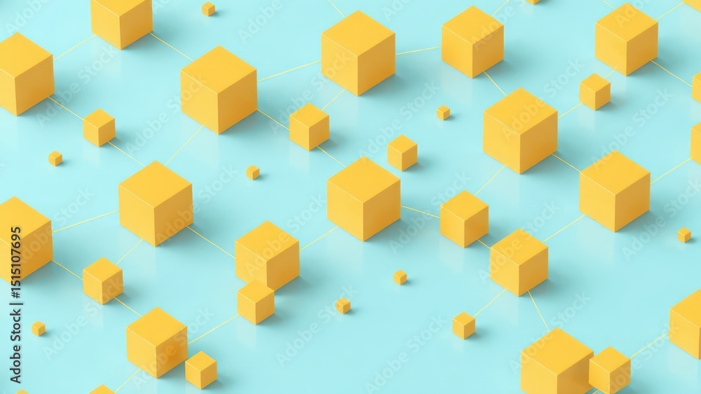 Poster interconnectedness visualized through isometric arrangement of yellow cubes on a light blue surface,