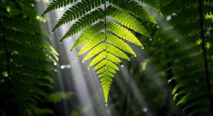 Illuminated Fern Frond With Light Rays And Water Droplets In Lush Forest