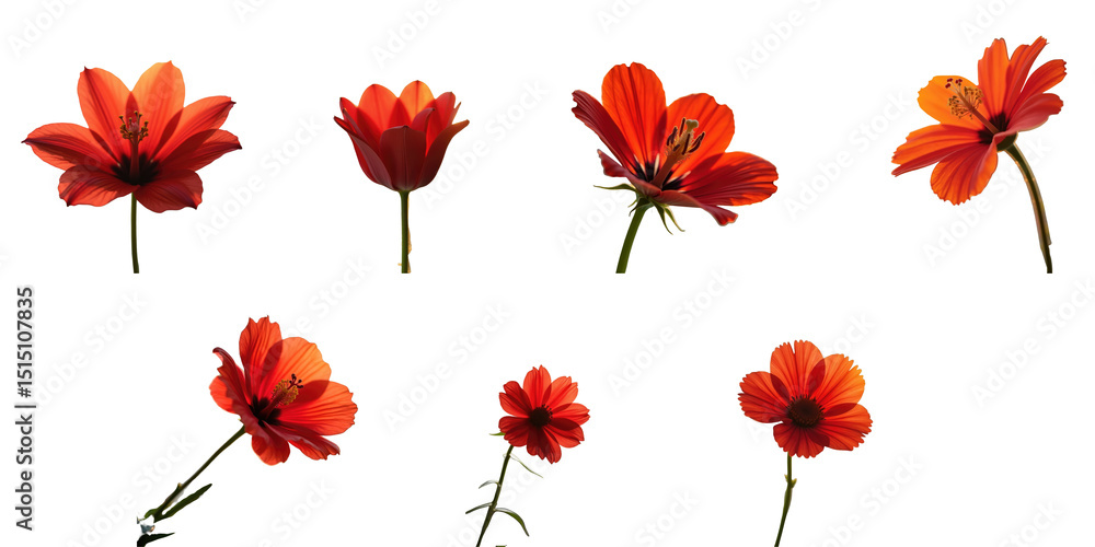 Poster collection of vibrant red flowers displayed on transparent background featuring multiple angles and 