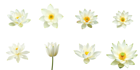 Collection of White Water Lilies Displaying Various Blooms on a transparent Background Showcasing Distinct Flower Shapes and Petal Arrangements for Graphic Use