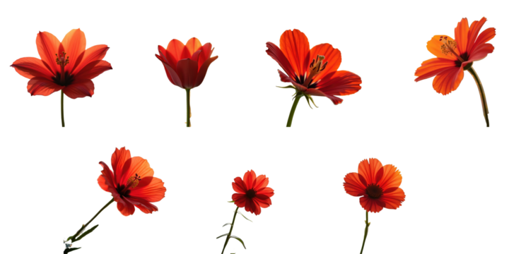 Collection of Vibrant Red Flowers Displayed on transparent Background Featuring Multiple Angles and Varieties with Intricate Petal Details and Lush Green Stems