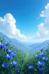 Fototapeta premium Deep blue cornflowers, endless blue sky above , cornflowers, photo