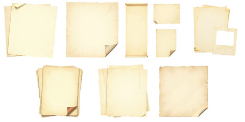 Variety of Vintage Aged Paper Textures Featuring Different Shapes and Sizes Including Torn Edges and Folded Corners Ideal for Backgrounds and Artistic Projects