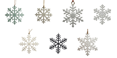 Collection of Elegant Snowflake Ornaments Displayed on a transparent Background Featuring Various Patterns and Styles in Light and Dark Shades Ideal for Winter Decor