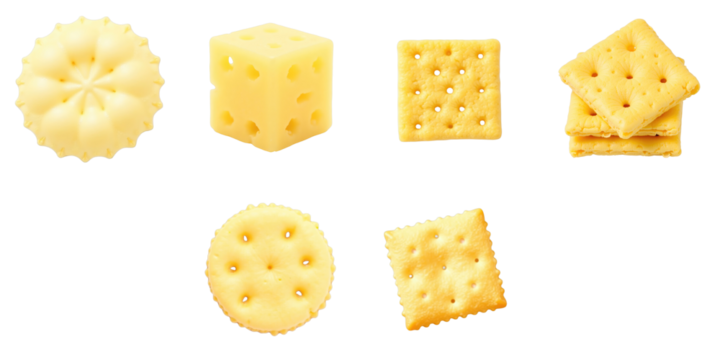 Collection of assorted cheese products including round cheese crisps, yellow cheese cubes, and a stack of square crackers, all on a contrasting transparent background.