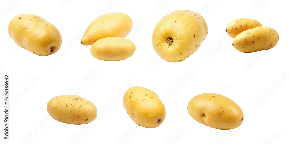 Poster variety of fresh yellow potatoes displayed on a transparent background featuring different shapes an