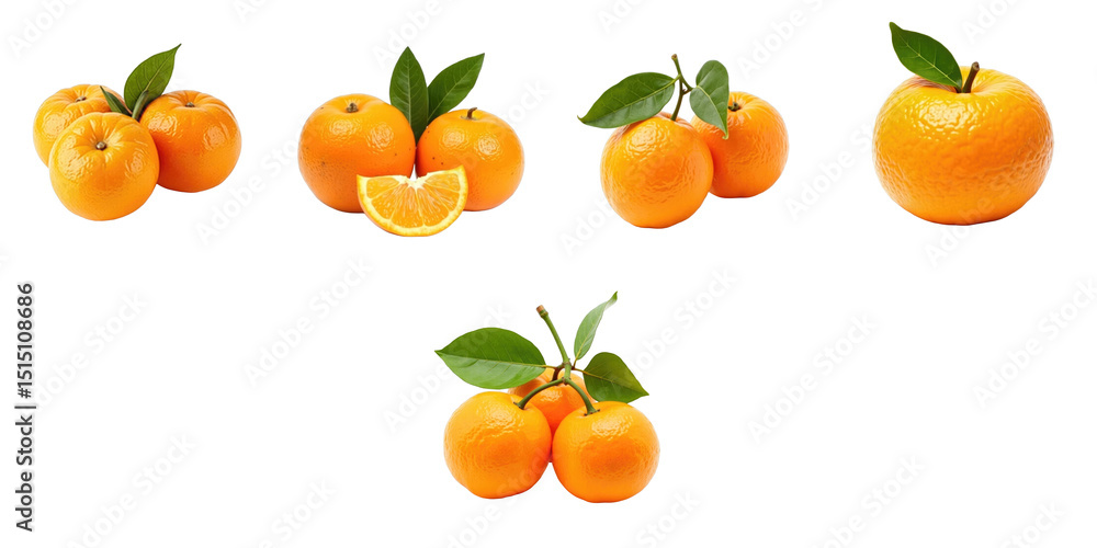 Aufkleber variety of fresh oranges displayed with leaves on transparent background including whole and halved 