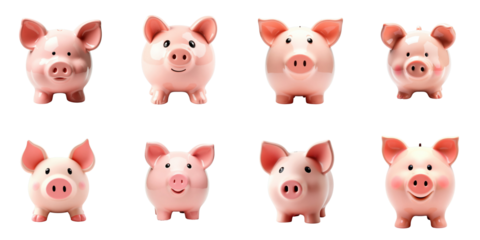 Collection of Cute Piggy Banks in Various Poses Displaying Different Expressions and Features Against a transparent Background, Ideal for Illustrative and Creative Projects
