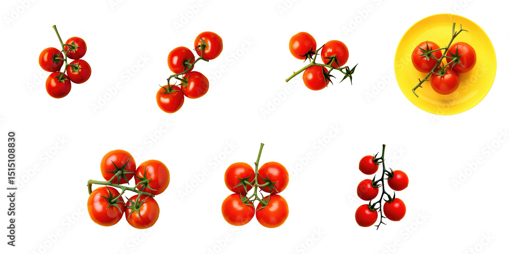 Poster collection of fresh red tomatoes on a transparent background featuring various arrangements and one 