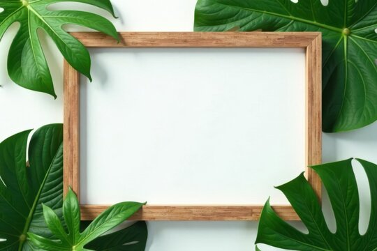 Rustic wooden frame mockup, lush green tropical leaves, minimalist Scandinavian setting , aesthetic, nordic