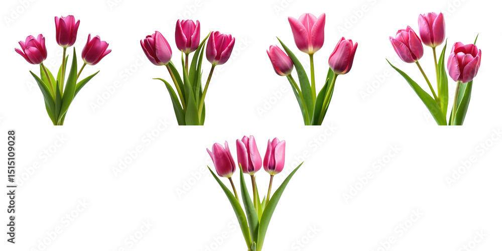 Poster collection of varied pink tulip blossoms with green stems arranged in different groupings against a 