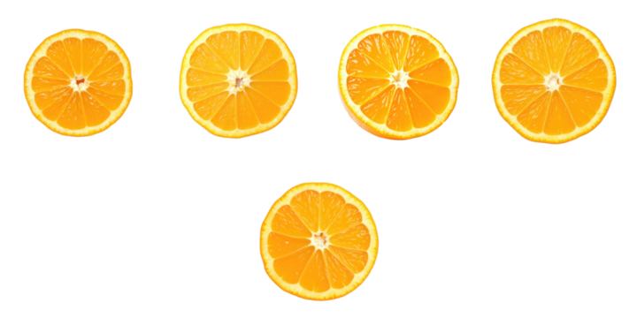 Assorted Slices of Fresh Orange Displayed on a transparent Background Featuring Five Vibrant Citrus Segments Captivatingly Arranged for Visual Appeal