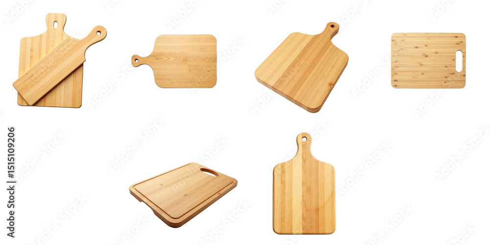 Poster assorted wooden cutting boards in various shapes and sizes on transparent background featuring uniqu