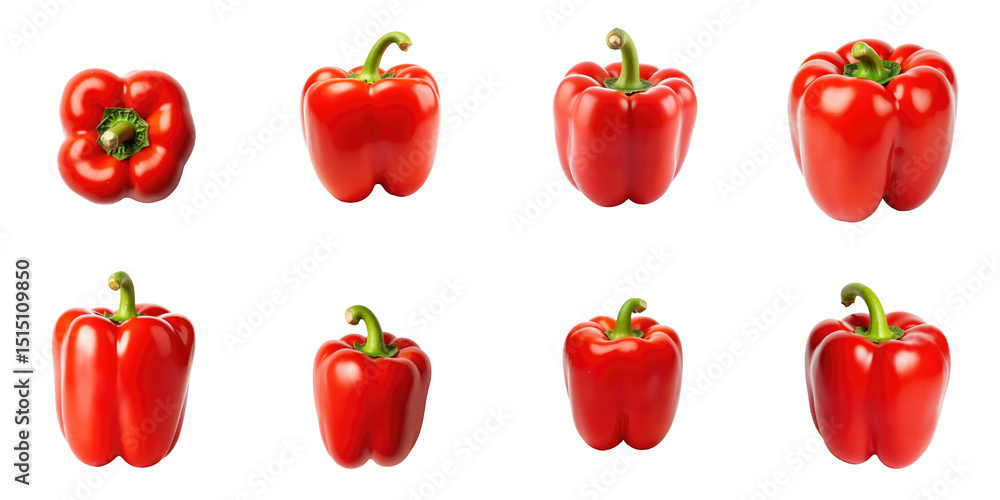 Poster collection of bright red bell peppers displayed in various angles on a transparent background highli