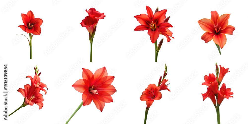 Aufkleber collection of red flowers on a transparent background featuring nine distinct varieties with texture