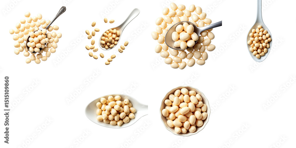 Poster assorted creamy beige beans in various serving utensils on transparent background featuring spoons a