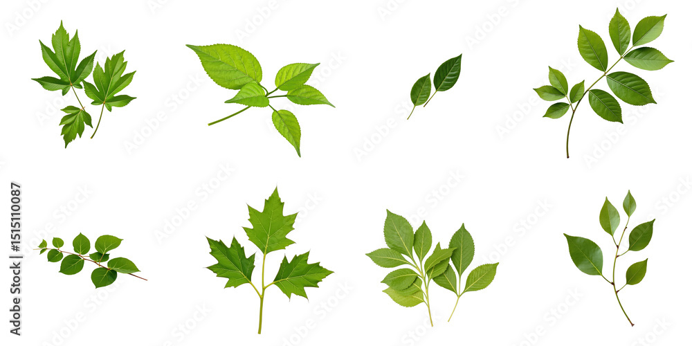 Poster diverse collection of green leaves with varied shapes and sizes displayed on a dark background featu