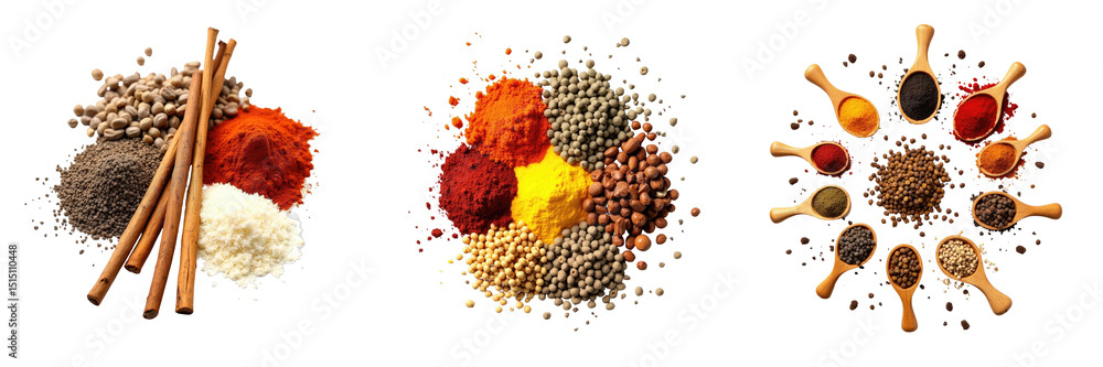 Poster collection of vibrantly colored spices with cinnamon sticks and measuring spoons on a transparent ba