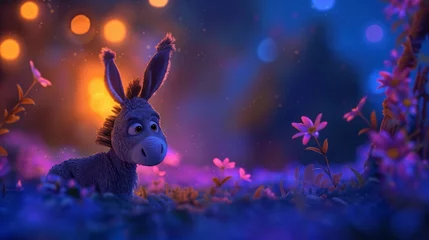Poster Adorable donkey in a whimsical, enchanted forest at night.  Fantasy, magical realism, childhood dreams.