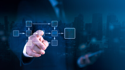 Business process automation: Professional interacting with a holographic flow chart, symbolizing strategic planning, workflow optimization, and data management.