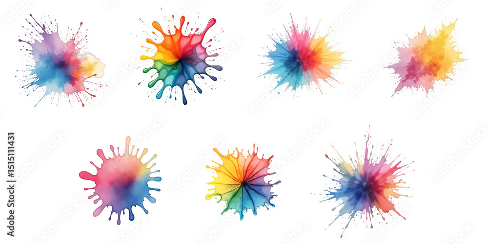 Poster colorful splash paint patterns set with dynamic shapes on transparent background featuring vibrant b