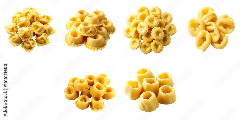 Poster assorted raw pasta shapes displayed on transparent background featuring various textures and designs