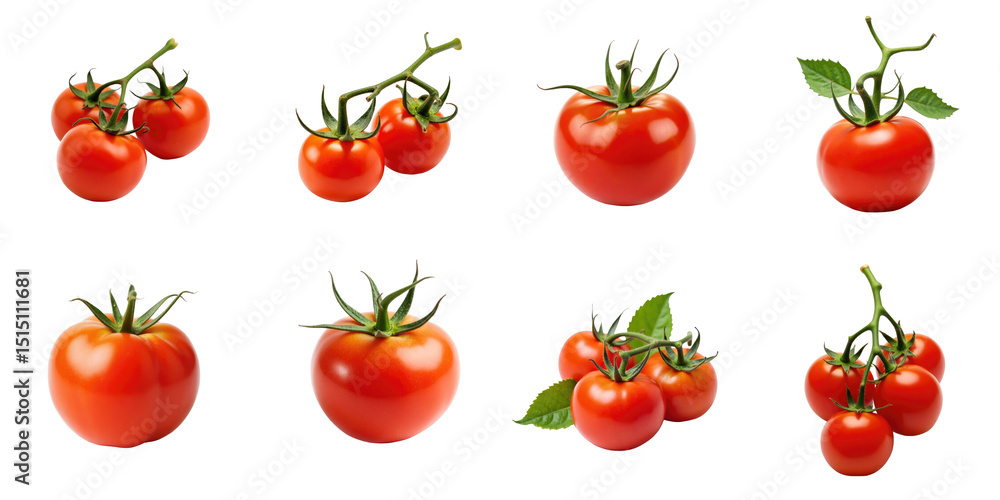 Poster collection of fresh red tomatoes displayed on a transparent background featuring various groupings a