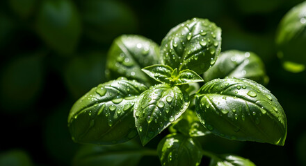 Fresh Basil Leaves Adorned With Sparkling Water Droplets in Natural Light
