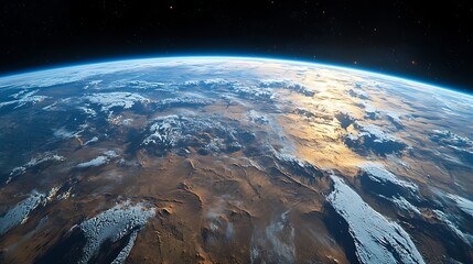 Majestic Earth View from Space, The horizon is illuminated by sunlight, creating a serene and majestic scene