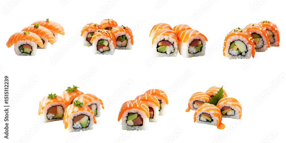 Poster assorted sushi rolls displayed on transparent background featuring colorful slices of salmon, avocad