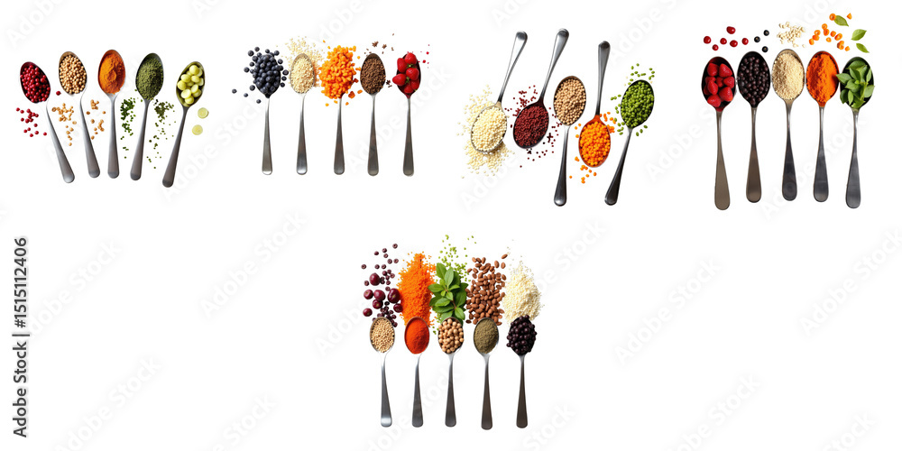 Poster colorful collection of spices and seeds in spoons with transparent background featuring a variety of