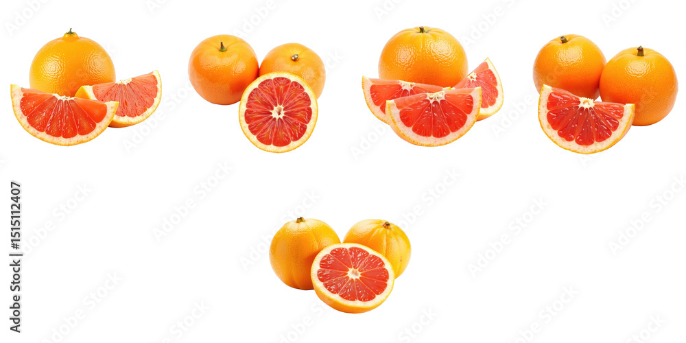 Poster vibrant citrus display featuring whole and sliced oranges with juicy red flesh on transparent backgr