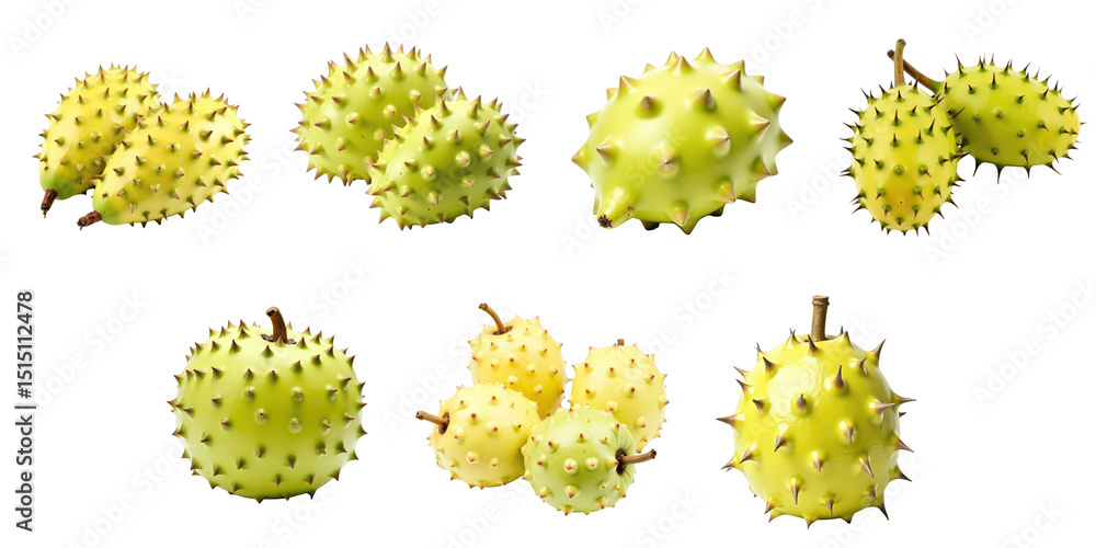 Poster collection of spiky yellow fruits on transparent background with a variety of shapes and sizes showc