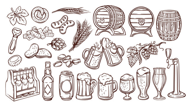 Beer pub menu and equipment line icons set. Outline hand drawn glass bottle and can, pint and froth. Oktoberfest, drunk bar party mascots, brewery and beer icons collection vector illustration