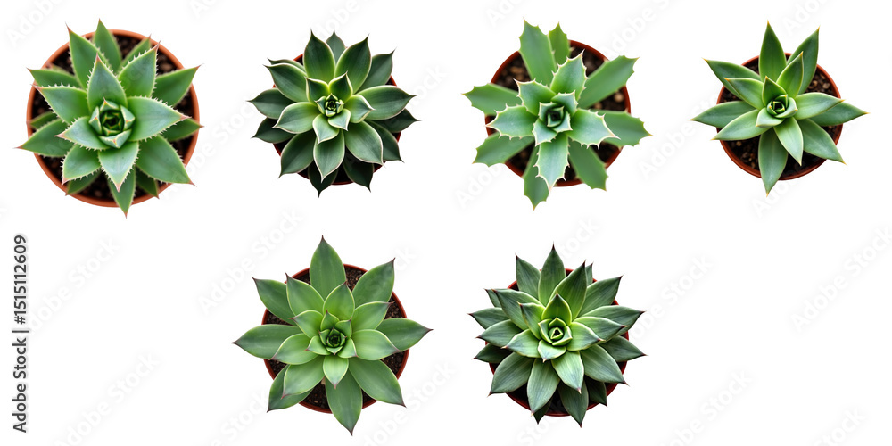 Poster assorted succulent plants displayed from above in decorative pots on transparent background featurin