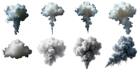 Collection of Transparent Smoke and Cloud Textures Featuring Varied Shapes and Shades of Gray, White, and Blue on a transparent Background for Graphic Design Use