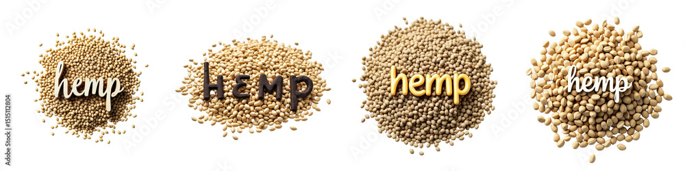 Poster hemp seed variations on transparent background featuring four distinct arrangements of the word hemp